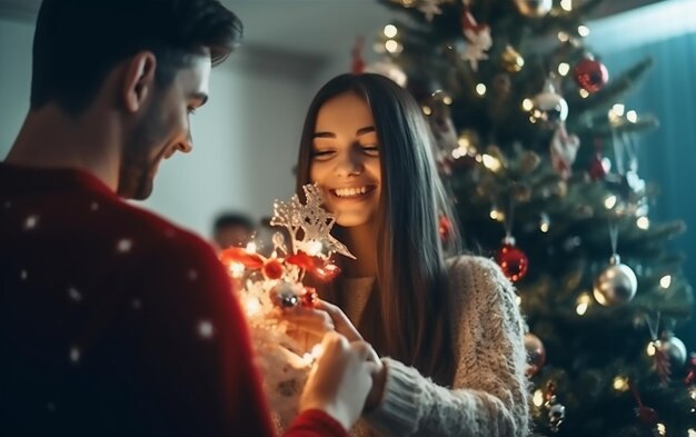 Foto ein foto von einem jungen und einem mädchen, die frohe weihnachten feiern