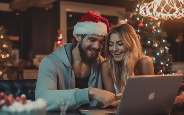 Foto ein foto von einem jungen und einem mädchen, die weihnachten mit einem süßen laptop feiern