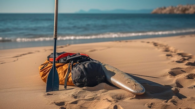 Foto ein foto von einem kajak-paddle und einem trockenen beutel an einem sandstrand
