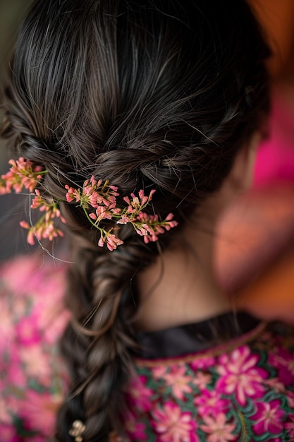 ein Foto von einem Mädchenhaar, das mit eingewebten Martisoren geflochten ist