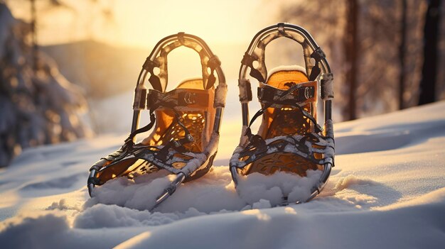 Foto ein foto von einem paar schneeschuhen in einer winterlandschaft