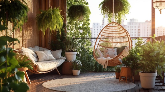 Foto ein foto von einem ruhigen balkongarten mit hängenden pflanzen und gemütlichen sitzgelegenheiten