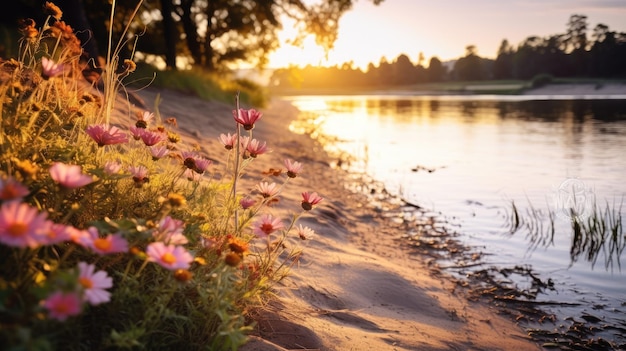 Ein Foto von einem sandigen Flussufer mit Wildblumen und einer goldenen Stunde Licht