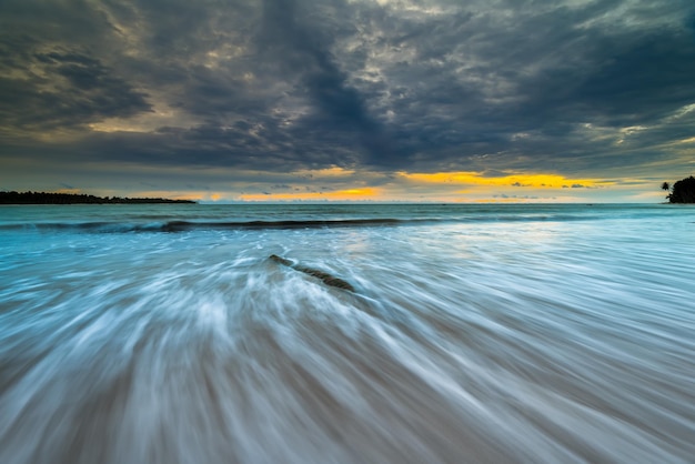 Ein Foto von einem Strand mit bewölktem Himmel und Wellen im Vordergrund.