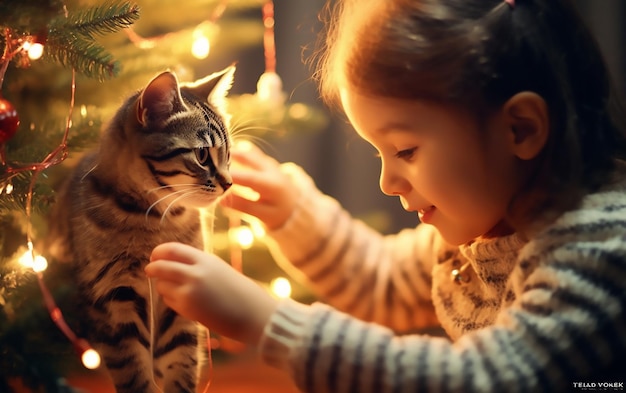 Ein Foto von einem süßen Mädchen, das Weihnachten mit einer Katze feiert