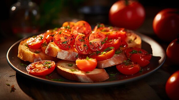 Ein Foto von einem Teller knuspriger Bruschetta mit Tomaten