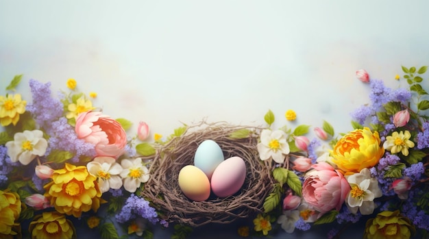 Ein Foto von einem Vogelnest mit bunten Eiern.