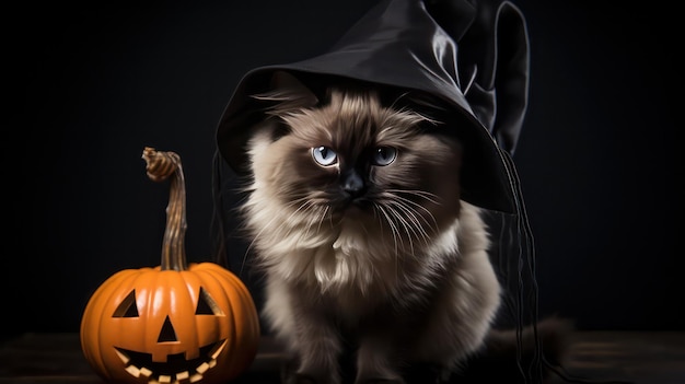 ein Foto von einer niedlichen siamesischen Katze, die einen Hexenhut für die Halloween-Feier benutzt