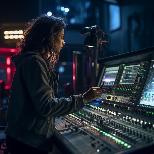 Ein Foto von einer weiblichen DJ, die das Kontrollpanel mischt und fotografiert