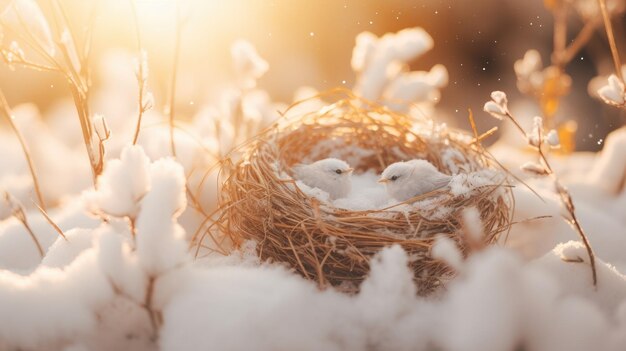 Ein Foto von einzigartigen Schneeflocken auf einem Vogelnest mit schneebedeckter Waldlandschaft als Hintergrund