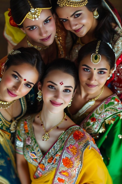 ein Foto von Frauen in traditioneller Kleidung aus verschiedenen Kulturen, die zusammen den Frauentag feiern