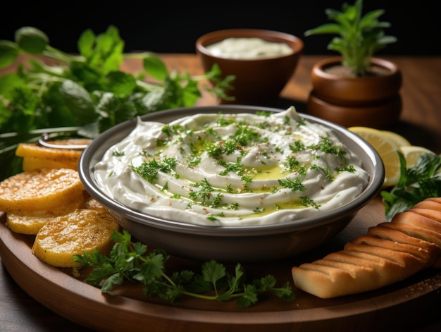 Ein Foto von Joghurt-Dip Eine Schüssel mit cremigem Joghurt-Dip