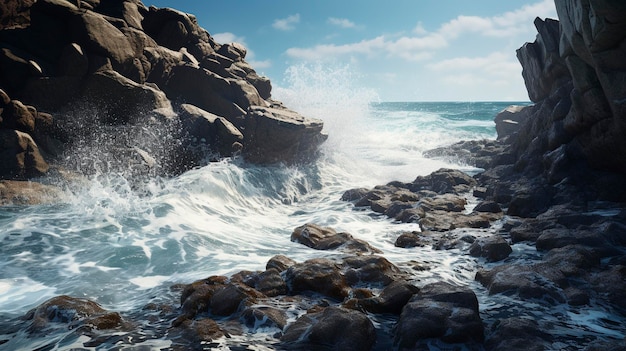 Ein Foto von Meereswellen, die gegen ein felsiges Ufer schlagen