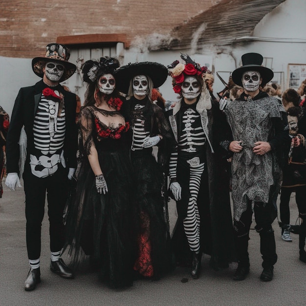 Foto ein foto von mehreren menschen mit beängstigenden kostümen und gesichtern am tag der toten tapete