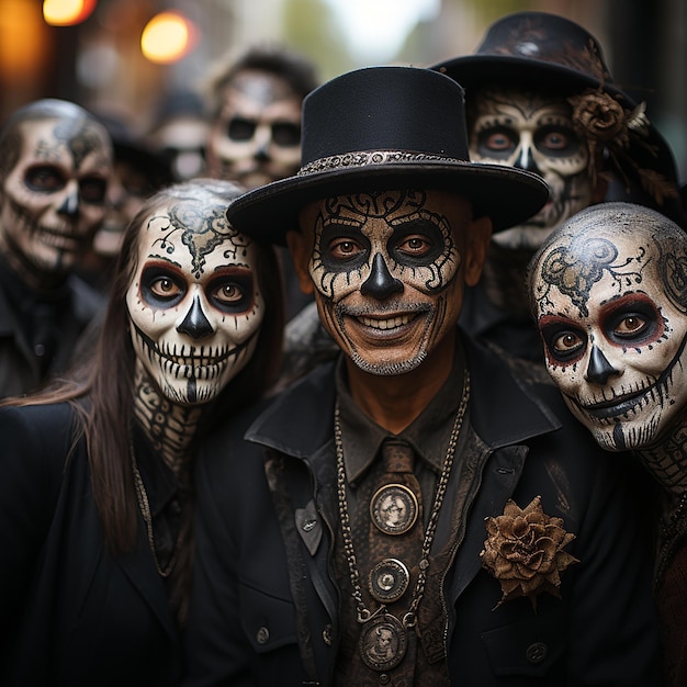 ein Foto von mehreren Menschen mit gruseligen Kostümen und Gesichtern zur Feier des Tages der Toten
