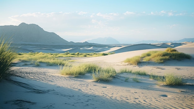 Ein Foto von Sanddünen mit sanftem Morgenlicht einer fernen Oase