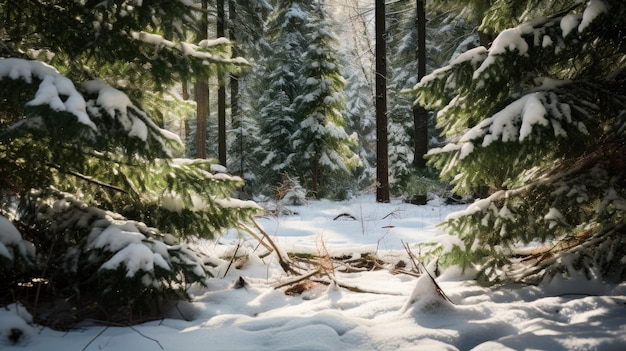 Ein Foto von schneebedeckten Tannenzweigen mit dichtem Waldhintergrund