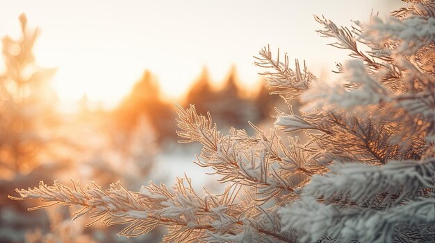 Ein Foto von schneebedeckten Tannenzweigen mit fernem schneebedeckten Waldhintergrund