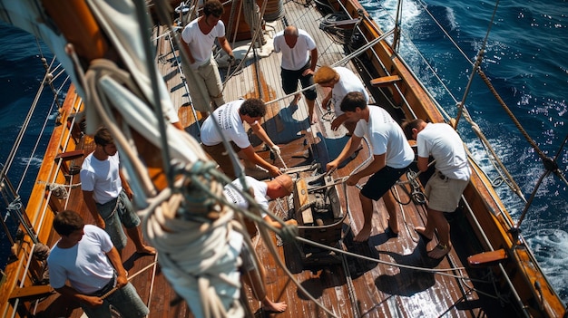 Foto ein foto von teamarbeit einer yachtbesatzung, die sich auf dem deck versammelt