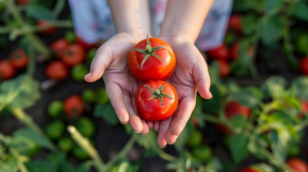 Ein Foto von Tomaten in den Händen eines Mädchens vor dem Hintergrund von Betten mit Gemüse