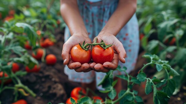 Ein Foto von Tomaten in den Händen eines Mädchens vor dem Hintergrund von Betten mit Gemüse