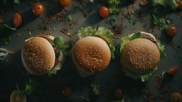 Ein Foto von vier Burgern mit der Aufschrift „Burger“ oben.