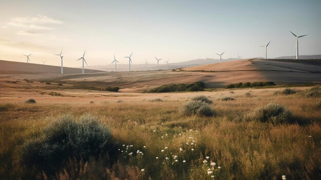 Ein Foto von Windturbinen, die sich auf einem Feld drehen