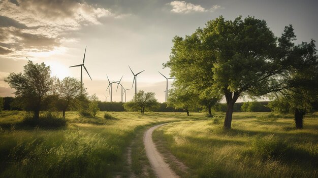 Ein Foto von Windturbinen, die sich auf einem Feld drehen