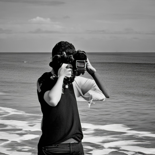 Ein Fotograf am Strand mit einer alten Graustufenkamera