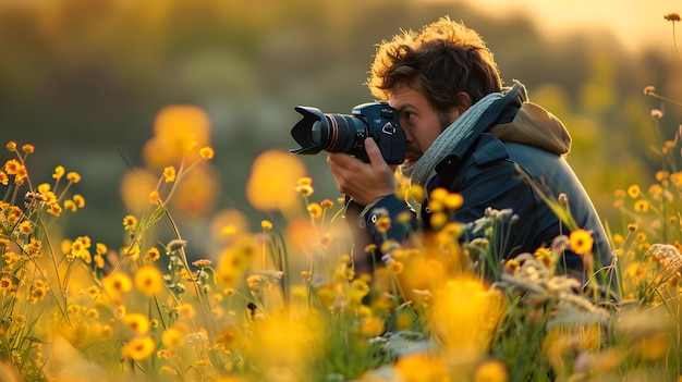 Ein Fotograf fotografiert ein atemberaubendes Gelbblumenfeld beim Sonnenuntergang