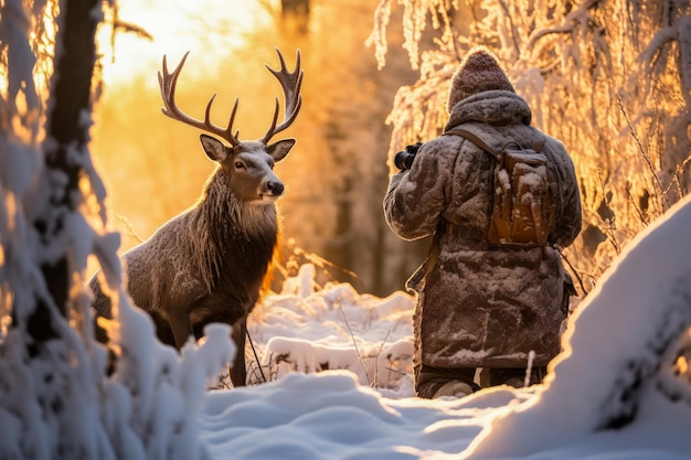 Ein Fotograf fotografiert malerische Szenen von Hirschweiden in einer schneebedeckten Wildnis