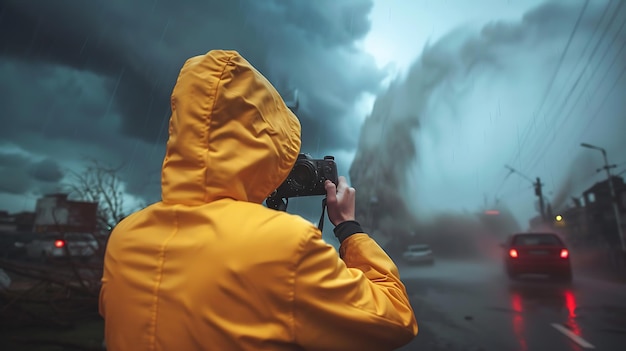 Ein Fotograf in einem gelben Regenmantel macht Fotos von einem Tornado. Der Tornado ist im Hintergrund und der Fotograf im Vordergrund.