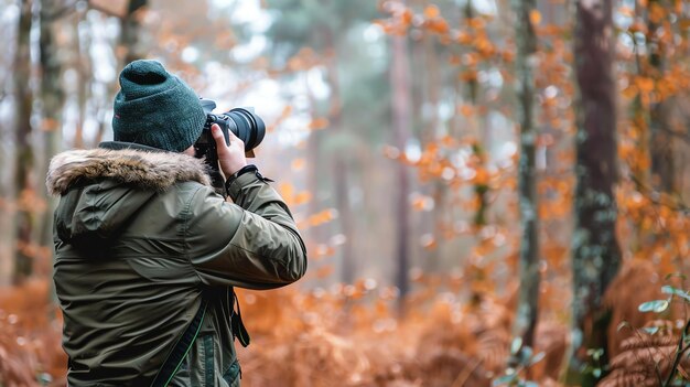 Foto ein fotograf in einer grünen jacke und schwarzer mütze macht ein bild vom herbstblatt im wald