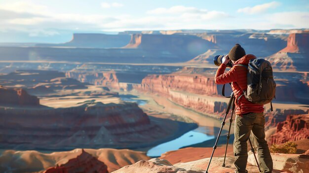 Foto ein fotograf steht auf einem felsvorsprung im canyonlands national park, utah, usa, und schaut durch seine kameraobjektive auf den canyon darunter.