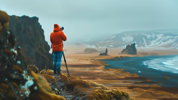 Ein Fotograf steht auf einer Klippe mit Blick auf eine zerklüftete Küste. Er trägt eine rote Jacke und vor ihm steht ein Stativ.