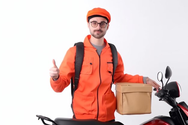 Ein Fotokuriermann mit orangefarbenem Hemd, Hut und Brille auf weißem Hintergrund