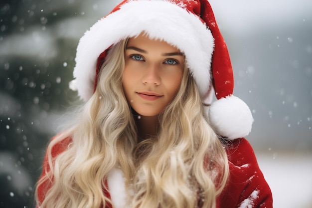 ein Fotoporträt einer blonden Frau als Weihnachtsmann