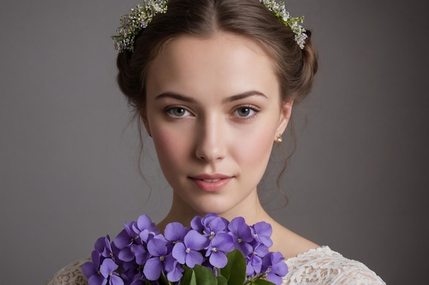 Ein Fotoporträt einer jungen südeuropäischen Frau mit einem bescheidenen Bouquet von Violetten