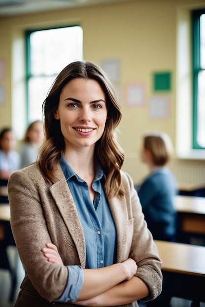 ein Fotoporträt einer schönen jungen weiblichen amerikanischen Schullehrerin, die im Klassenzimmer steht, während die Schüler sitzen und im unklaren Hintergrund hinter der Pause laufen