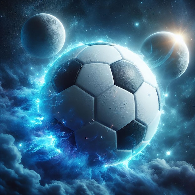 Ein fotorealistischer Fußball als Planet im Weltraum, digitaler Kunst, der von KI generiert wurde.