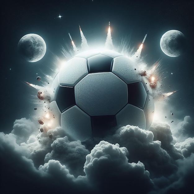 Ein fotorealistischer Fußball als Planet im Weltraum, digitaler Kunst, der von KI generiert wurde.