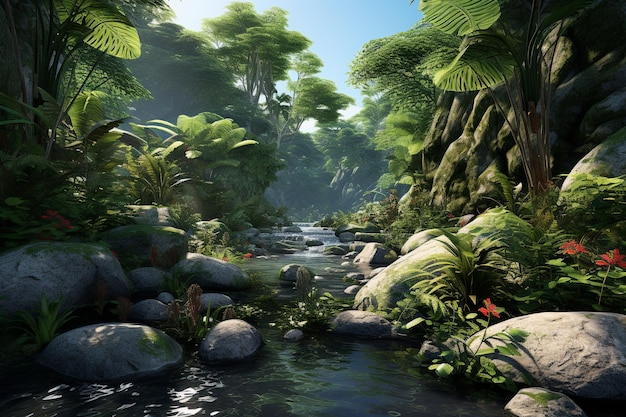 Ein fotorealistischer tropischer Regenwald mit vielfältiger Flora