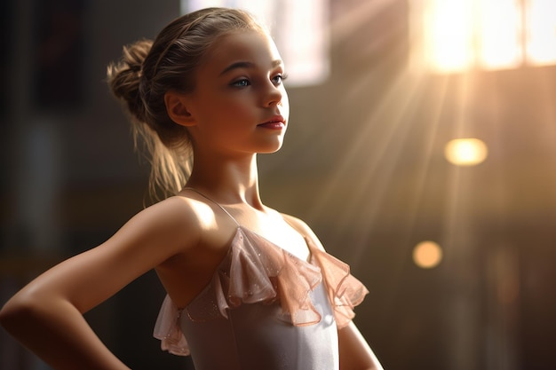Ein fotorealistisches Bild eines jungen Mädchens, das einen Ballettunterricht in einem Studio mit wunderschöner Beleuchtung und