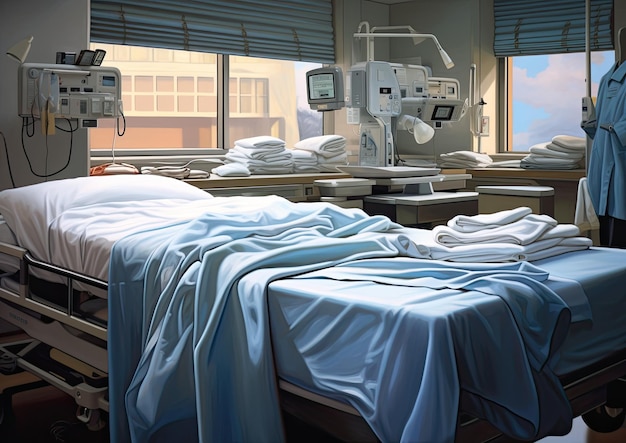 Foto ein fotorealistisches bild eines pflegers, der sorgfältig gefaltete bettwäsche auf einem krankenhausbett arrangiert