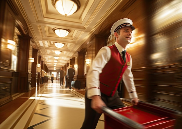 Foto ein fotorealistisches bild eines portierers, der einen gepäckwagen durch einen belebten hotelkorridor schiebt