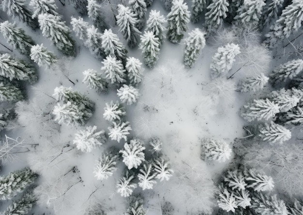 Ein fotorealistisches Bild eines schneebedeckten Waldes, aufgenommen aus der Perspektive einer Drohne. Das Bild ist ca