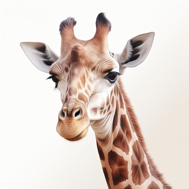 Ein fotorealistisches Wandgemälde des Kopfes einer jungen Giraffe auf weißem Hintergrund. Generative KI