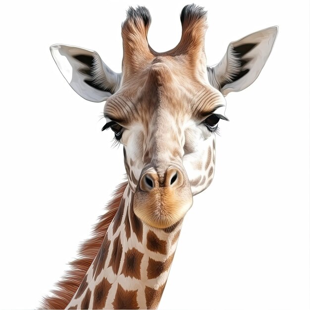 Ein fotorealistisches Wandgemälde des Kopfes einer jungen Giraffe auf weißem Hintergrund. Generative KI
