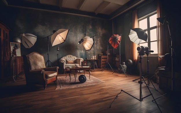 Foto ein fotostudio mit einem stuhl und einer lampe im vordergrund