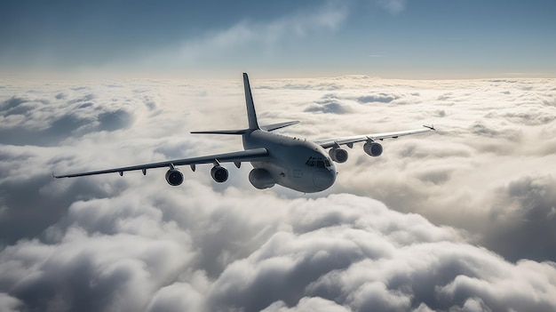 Ein Frachtflugzeug mitten im Flug, umgeben von einer von der KI erzeugten Wolke